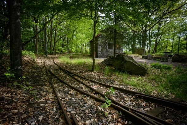Reste des Gleissystems der ehemaligen Schmalspurbahn, die das Winfeld mit der Eisenbahnlinie verband. 1922 hatte die Winfeld-Feldbahn ein Streckennetz von 5 km, auf dem insgesamt 50 Kipploren rangierten.